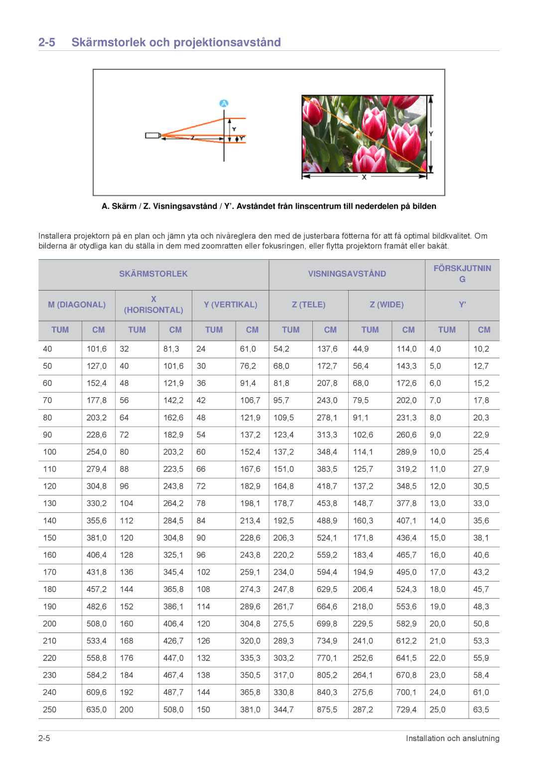 Samsung SPL251WEX/EN, SPL201WEX/EN manual Skärmstorlek och projektionsavstånd 