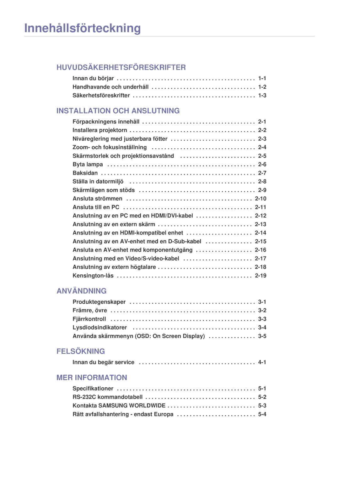 Samsung SPL251WEX/EN, SPL201WEX/EN manual Innehållsförteckning 