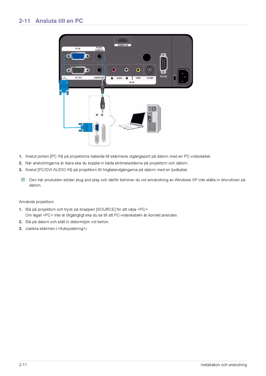 Samsung SPL251WEX/EN, SPL201WEX/EN manual Ansluta till en PC 