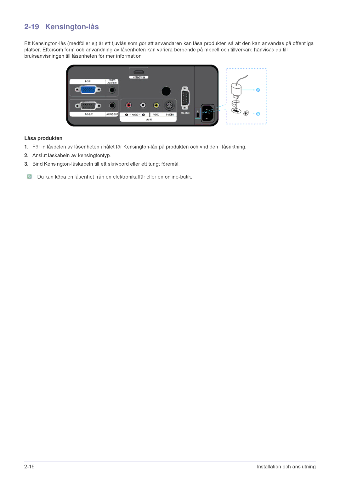 Samsung SPL251WEX/EN, SPL201WEX/EN manual Kensington-lås, Låsa produkten 