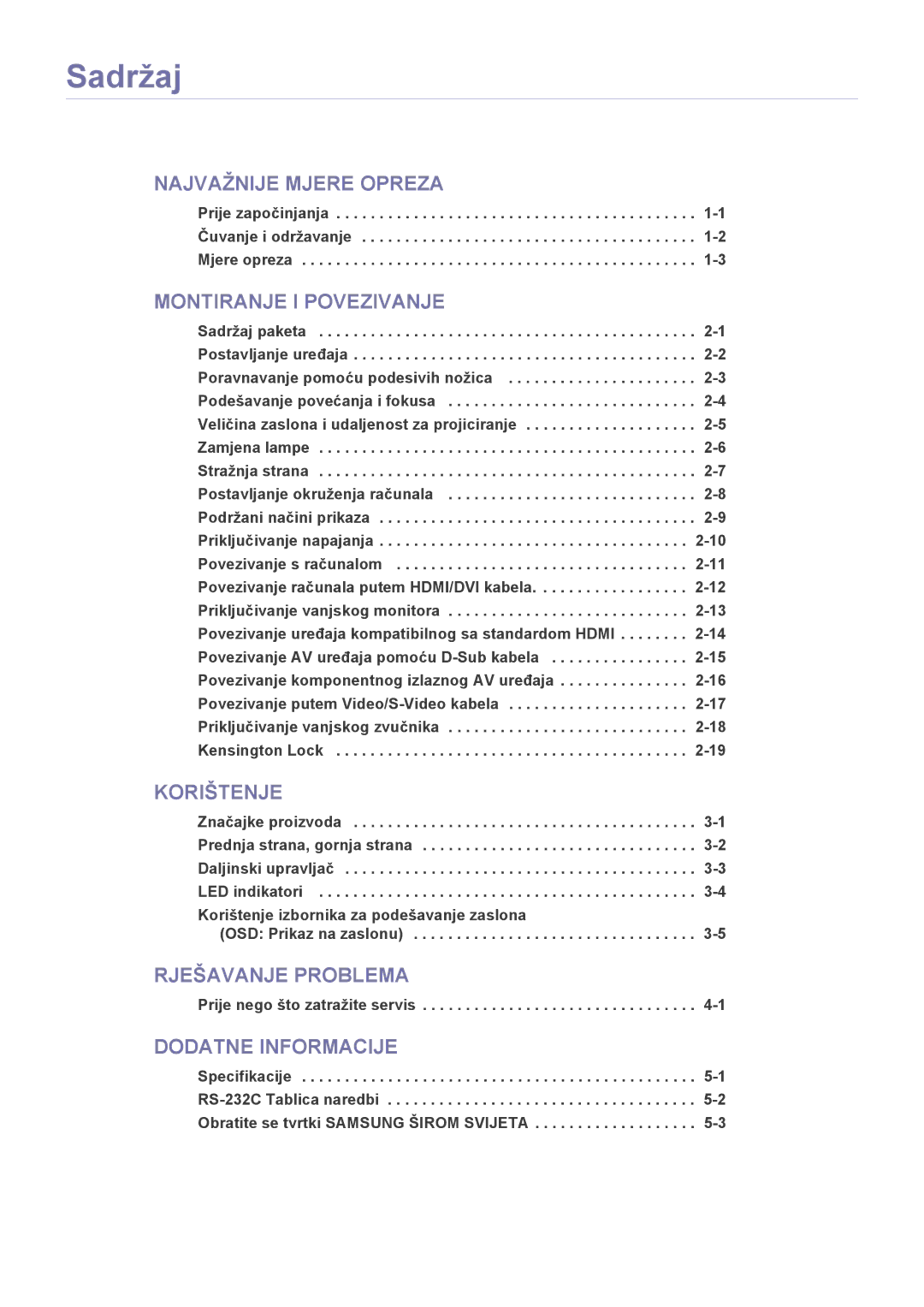 Samsung SPL251WEX/EN, SPL201WEX/EN manual Sadržaj 