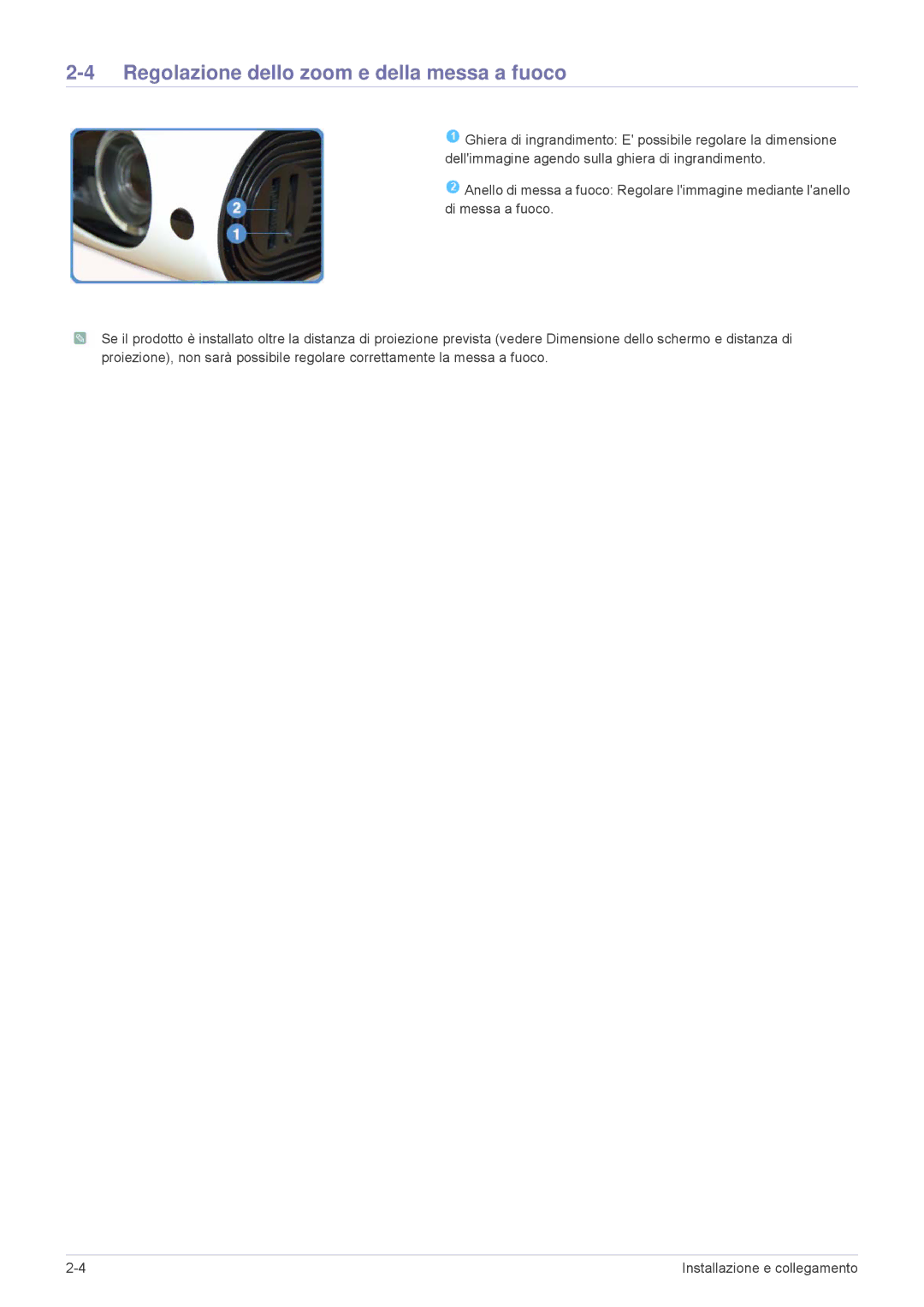 Samsung SPL201WEX/EN, SPL251WEX/EN, SPL221WEX/EN manual Regolazione dello zoom e della messa a fuoco 