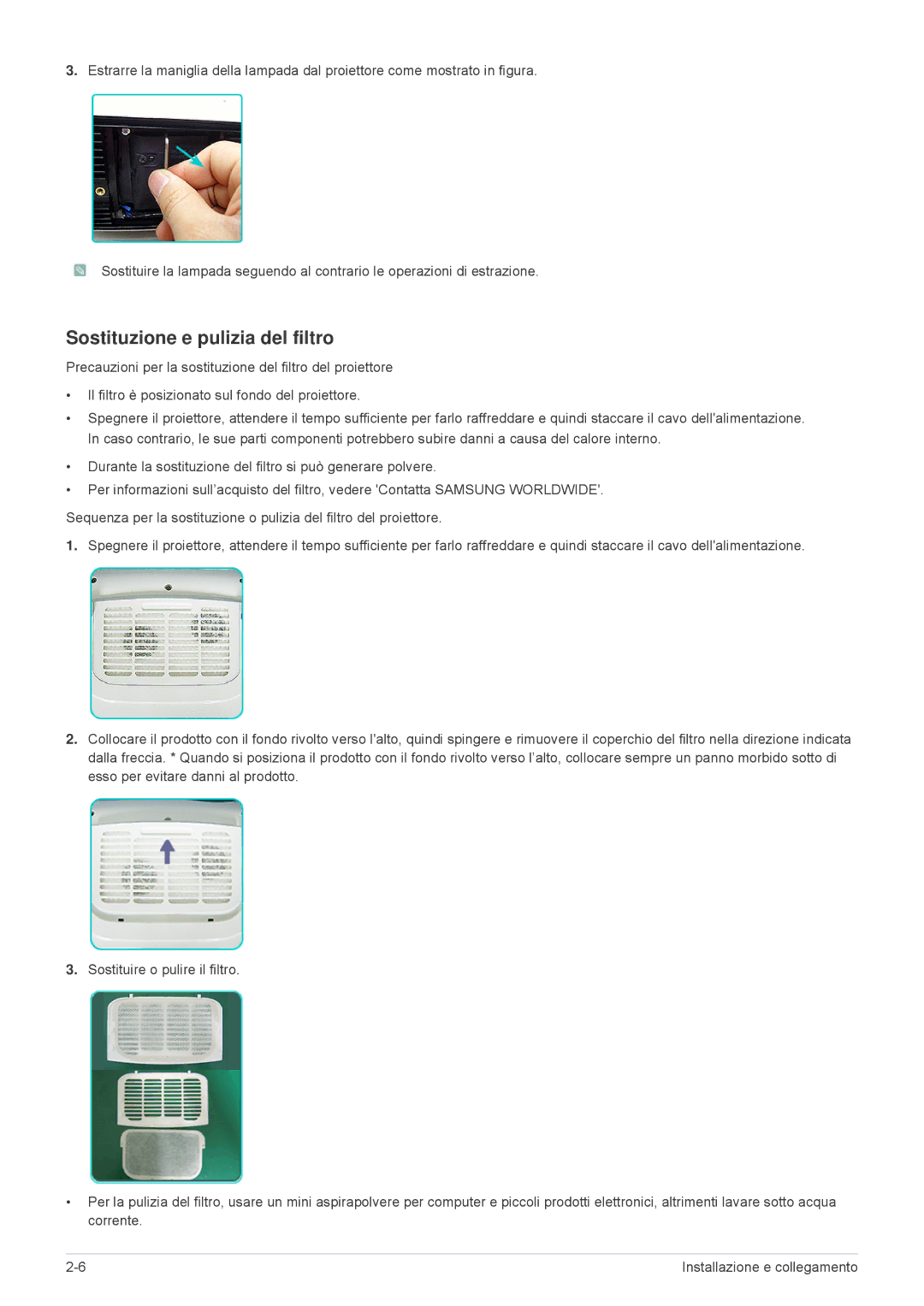 Samsung SPL251WEX/EN, SPL221WEX/EN, SPL201WEX/EN manual Sostituzione e pulizia del filtro 