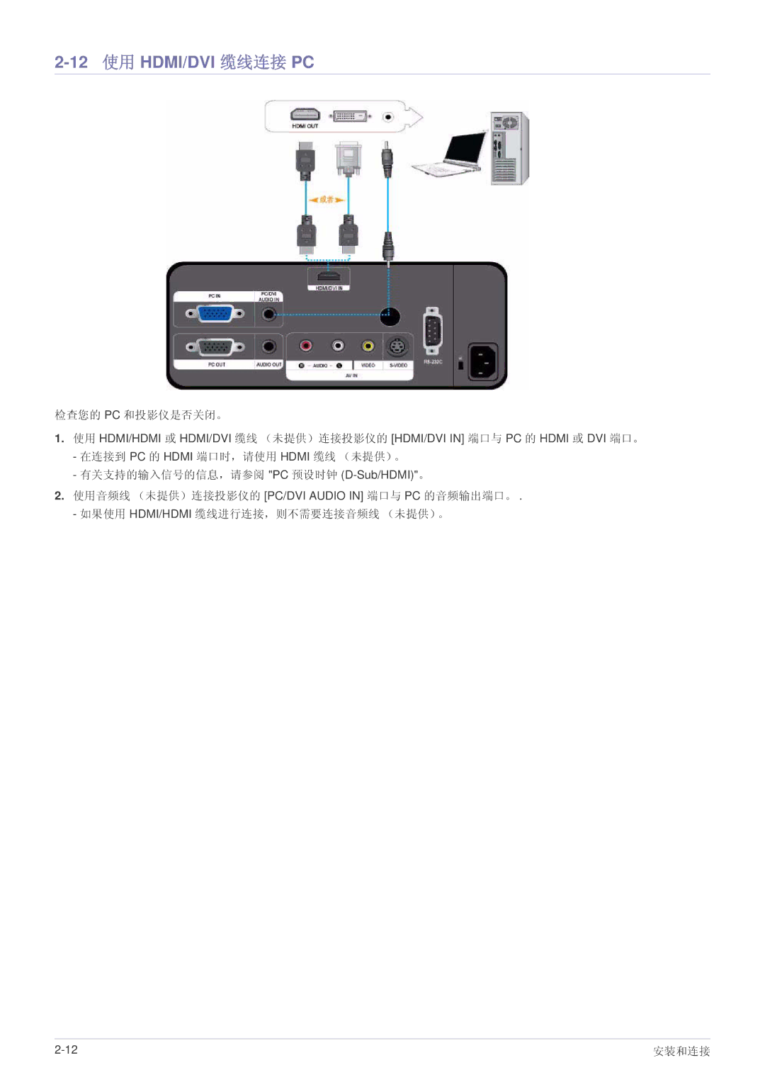 Samsung SPL201WEX/EN, SPL251WEX/EN, SPL221WEX/EN manual 12 使用 HDMI/DVI 缆线连接 PC 