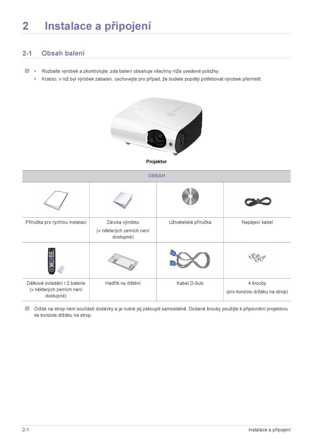 Samsung SPL255WEX/EN manual Obsah balení 