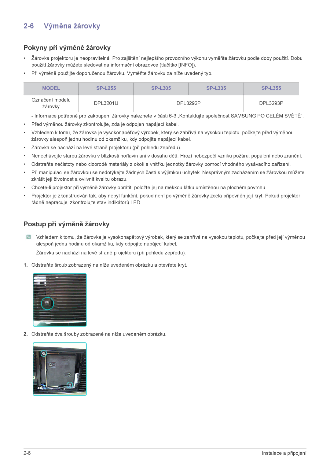 Samsung SPL255WEX/EN manual Výměna žárovky, Pokyny při výměně žárovky, Postup při výměně žárovky, Model 