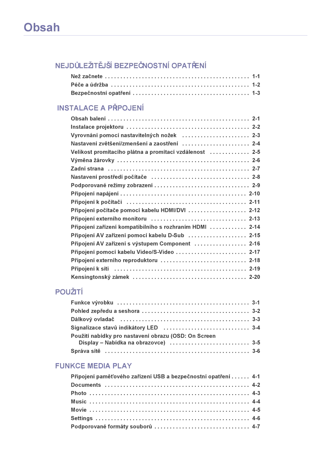 Samsung SPL255WEX/EN manual Než začnete -1 Péče a údržba -2 Bezpečnostní opatření, Display Nabídka na obrazovce Správa sítě 