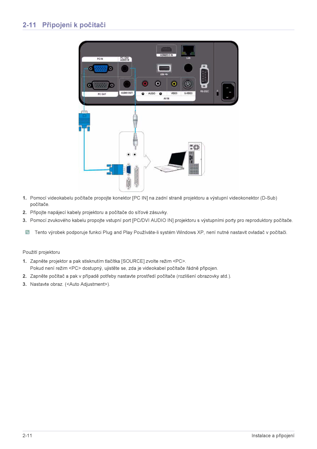 Samsung SPL255WEX/EN manual 11 Připojení k počítači 