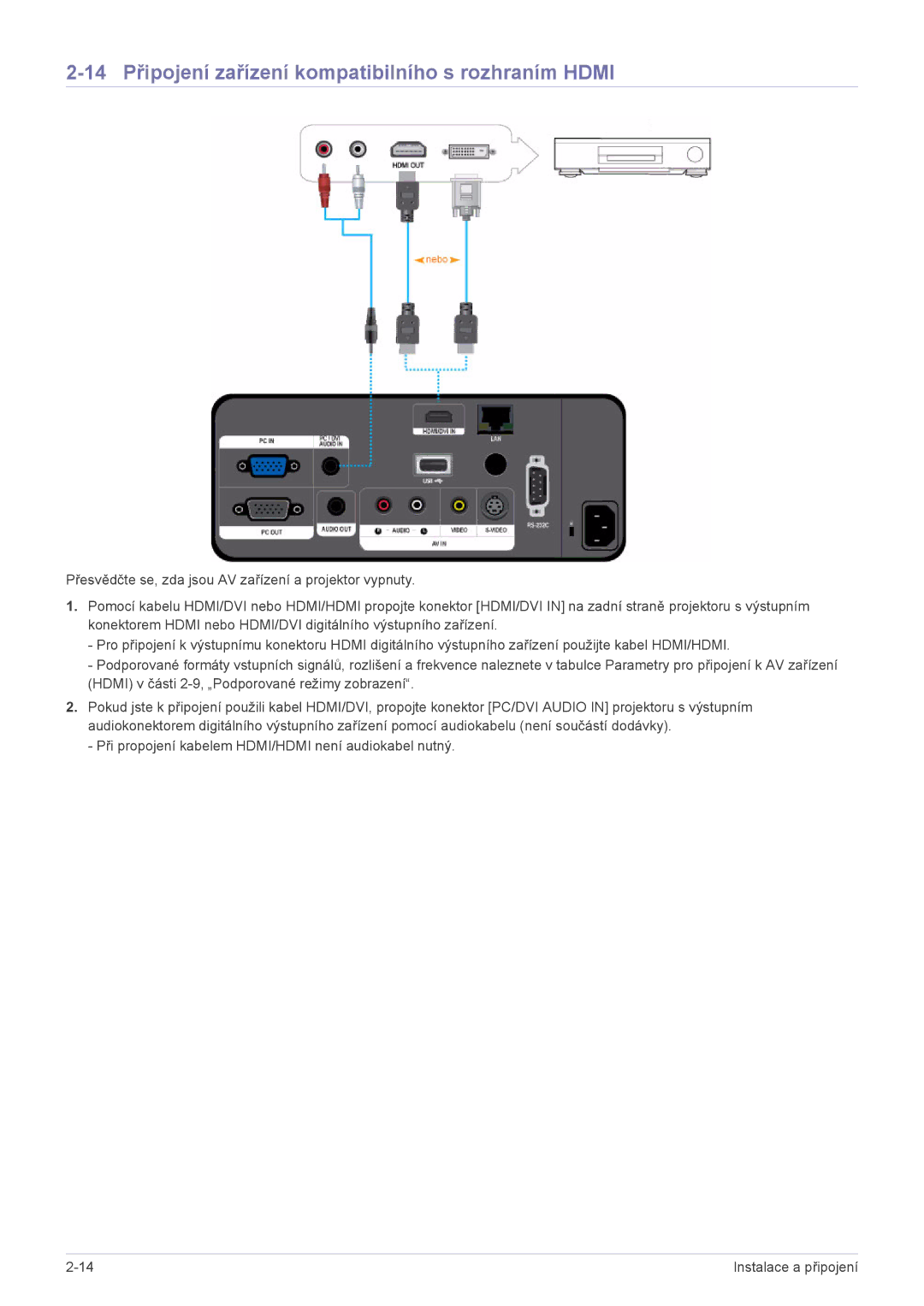 Samsung SPL255WEX/EN manual 14 Připojení zařízení kompatibilního s rozhraním Hdmi 