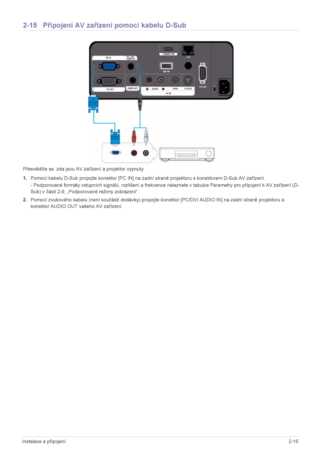 Samsung SPL255WEX/EN manual 15 Připojení AV zařízení pomocí kabelu D-Sub 