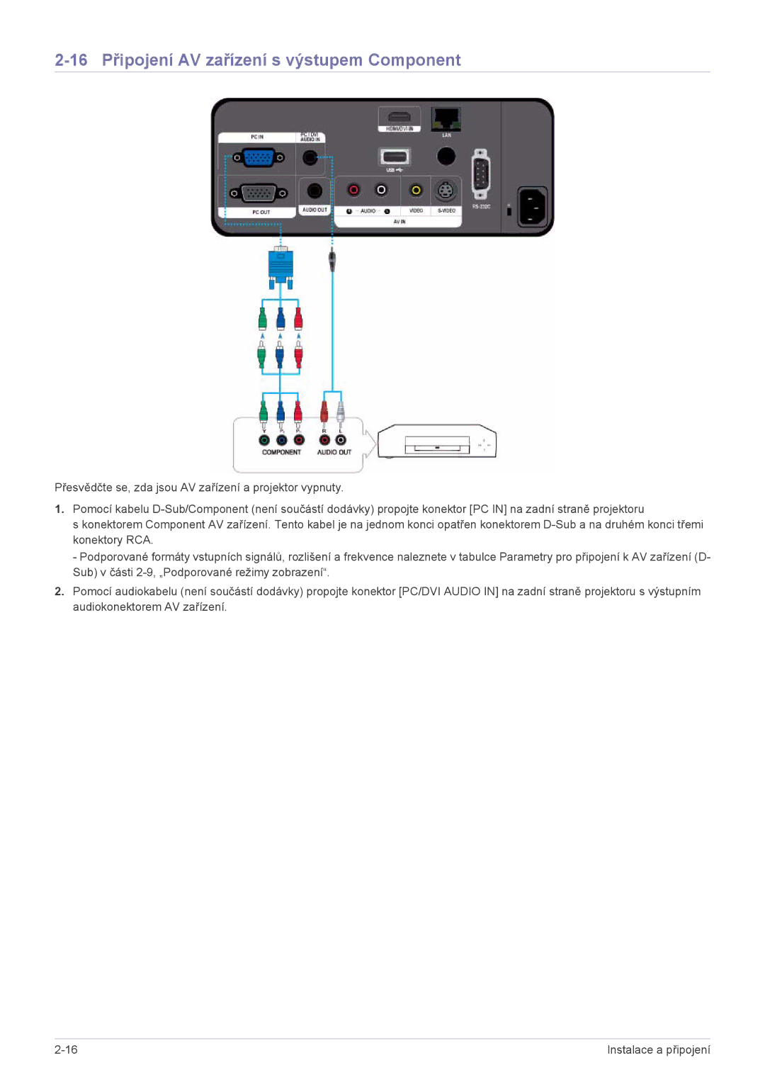 Samsung SPL255WEX/EN manual 16 Připojení AV zařízení s výstupem Component 