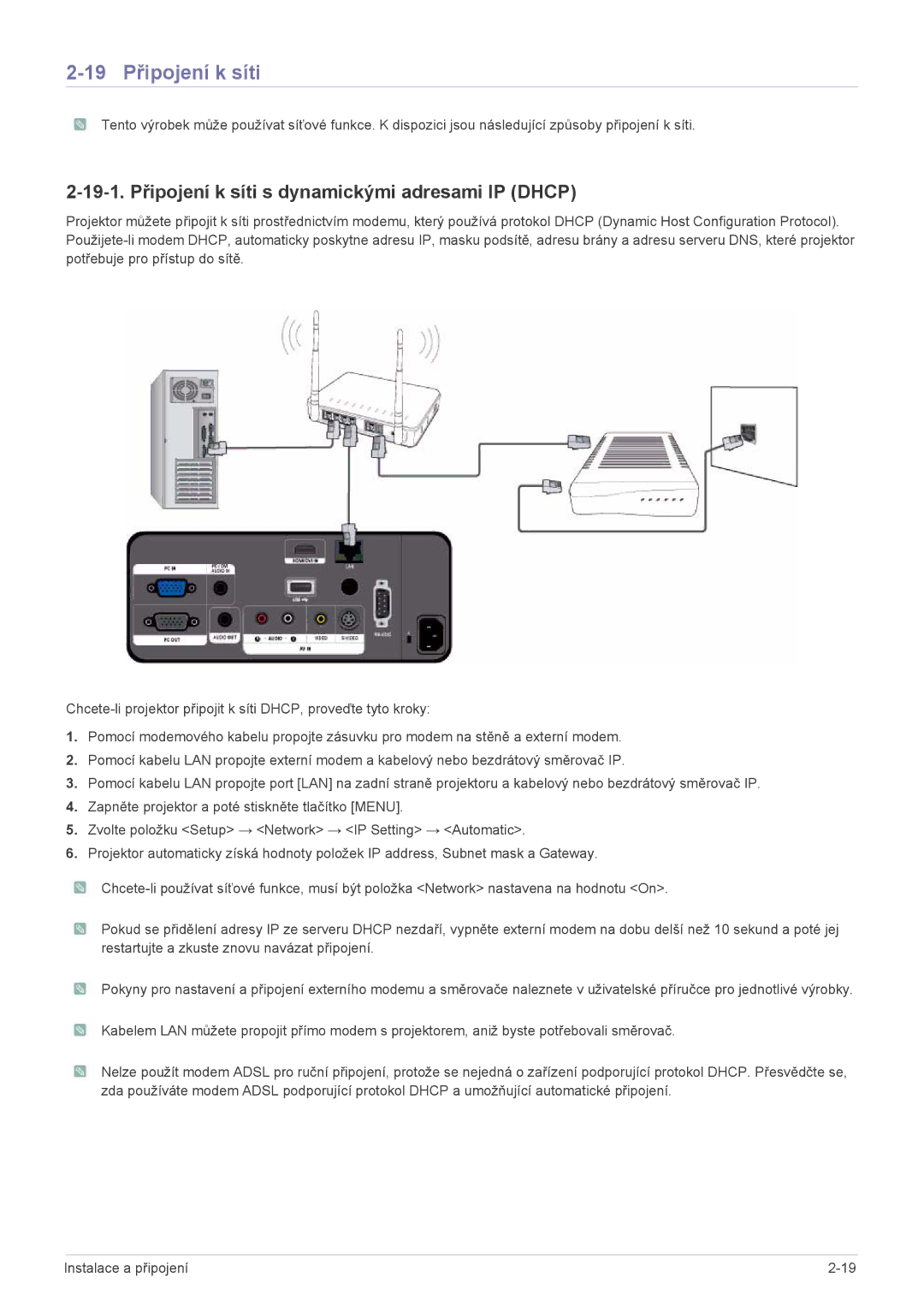 Samsung SPL255WEX/EN manual 19 Připojení k síti, 19-1. Připojení k síti s dynamickými adresami IP Dhcp 