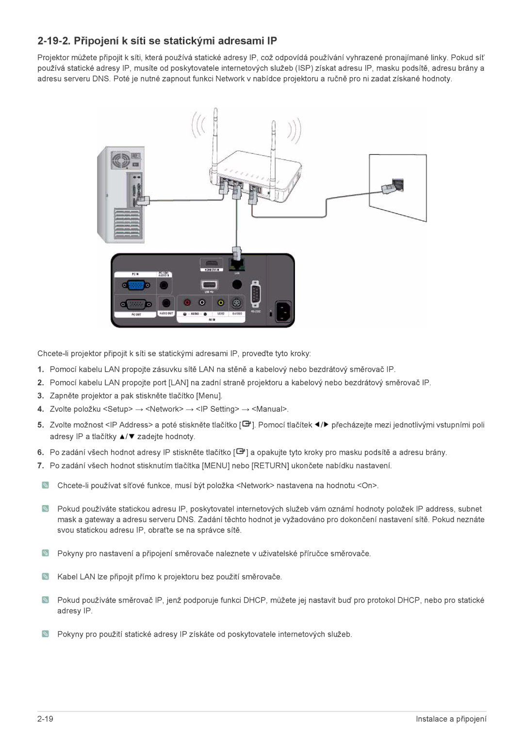 Samsung SPL255WEX/EN manual 19-2. Připojení k síti se statickými adresami IP 