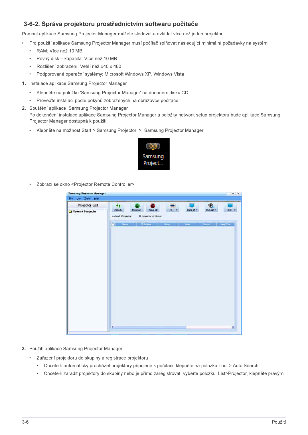 Samsung SPL255WEX/EN manual Správa projektoru prostřednictvím softwaru počítače 