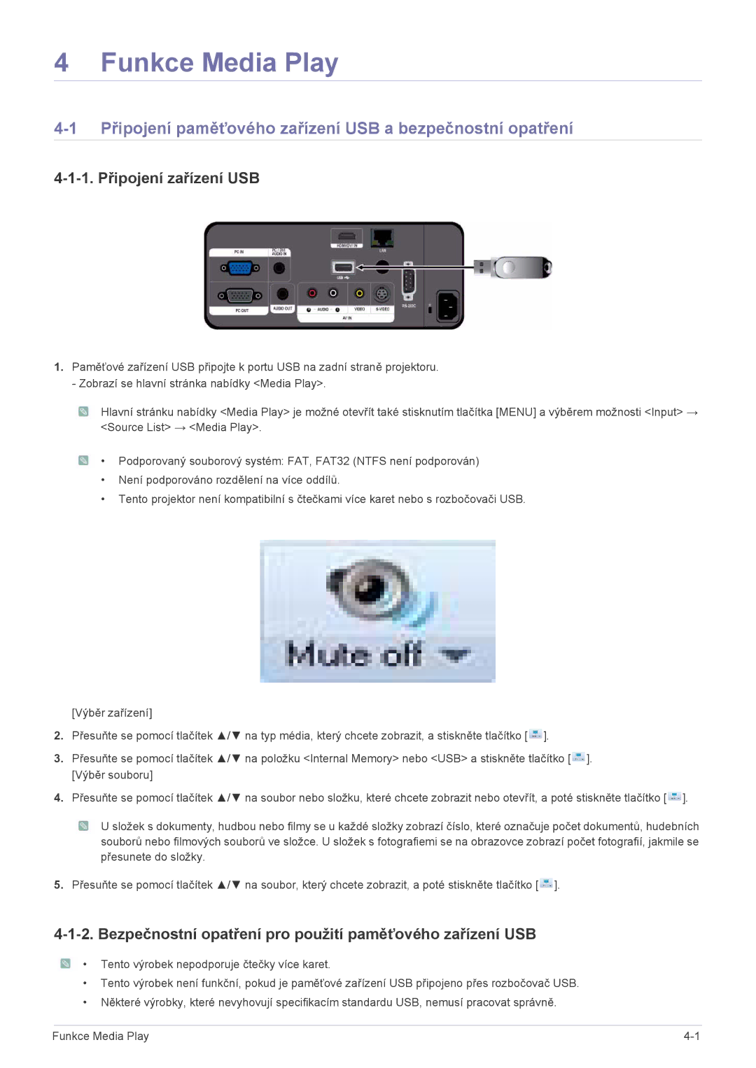 Samsung SPL255WEX/EN manual Připojení paměťového zařízení USB a bezpečnostní opatření, 1. Připojení zařízení USB 