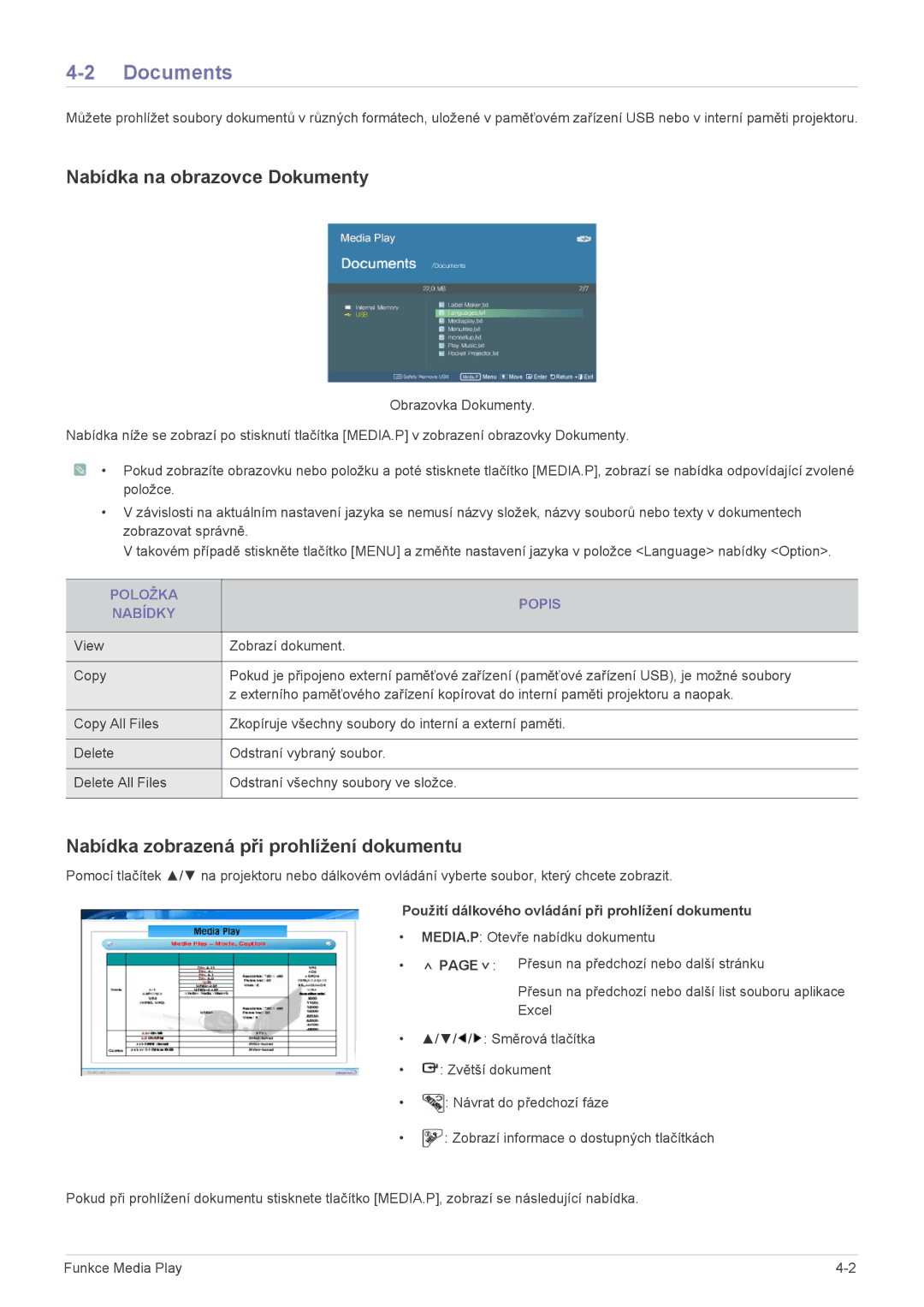 Samsung SPL255WEX/EN manual Documents, Nabídka na obrazovce Dokumenty, Nabídka zobrazená při prohlížení dokumentu 