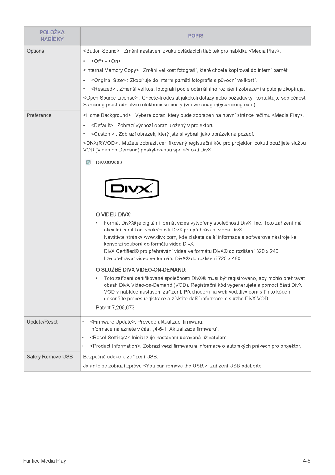 Samsung SPL255WEX/EN manual DivXVOD, Videu Divx 