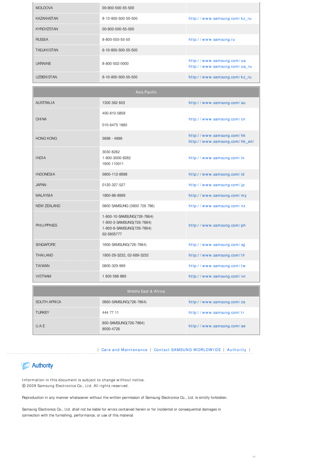 Samsung SPL300WVX/XT, SPL300WX/EN, SPL300WVX/EN, SPL300WX/XY manual Middle East & Africa 