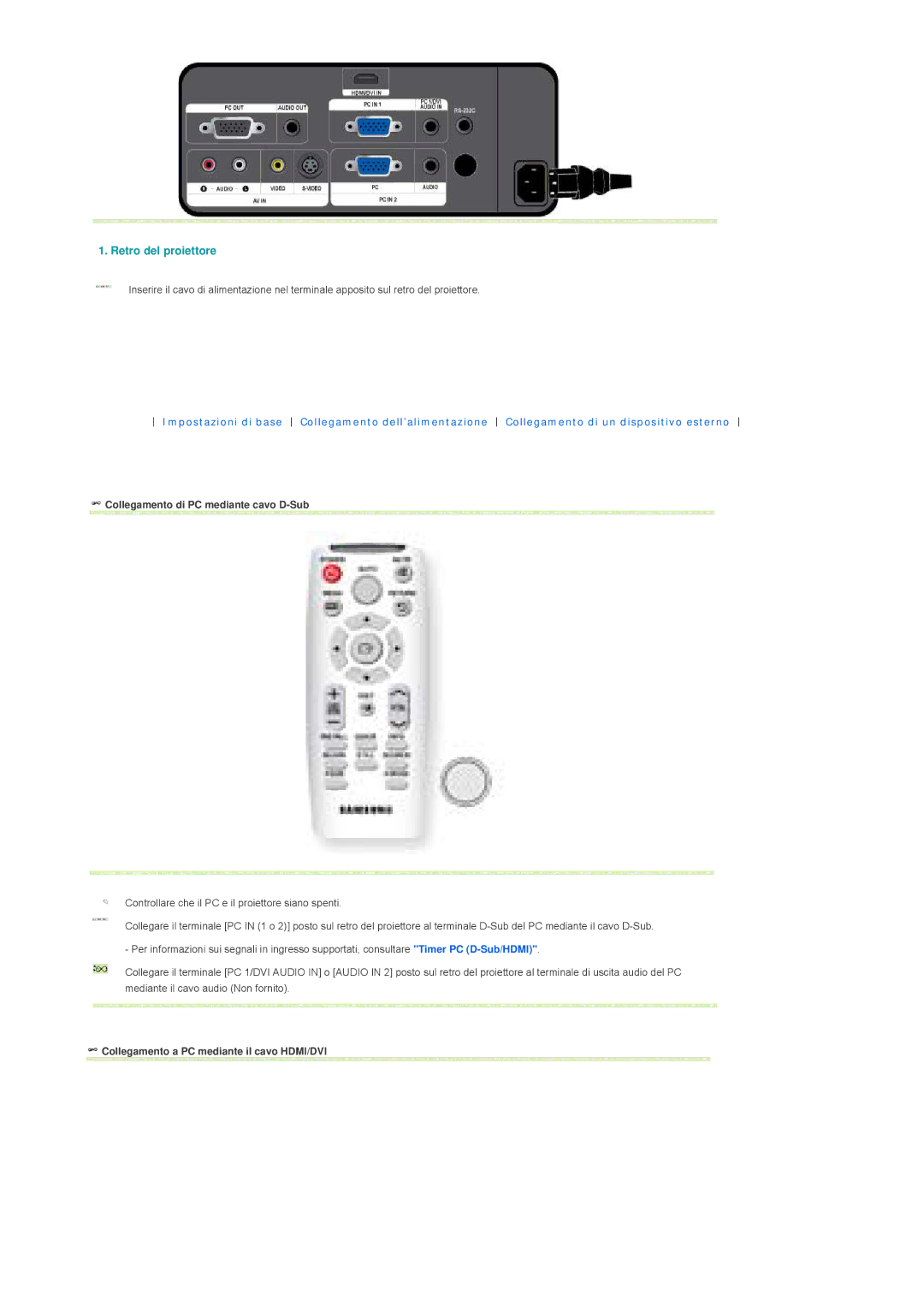 Samsung SPL300WVX/EN, SPL300WX/EN manual Collegamento di PC mediante cavo D-Sub, Collegamento a PC mediante il cavo HDMI/DVI 