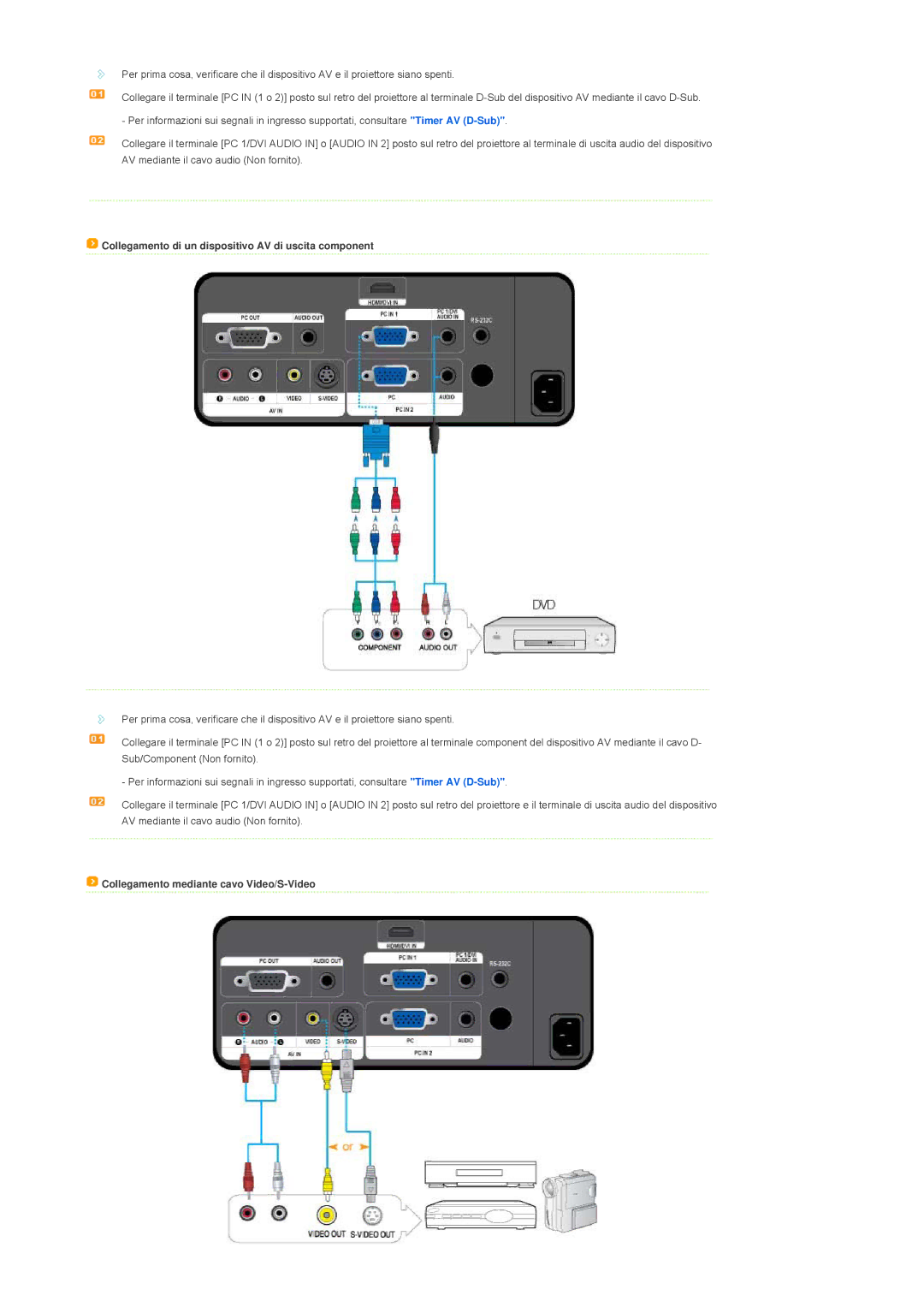 Samsung SPL300WX/EN manual Collegamento di un dispositivo AV di uscita component, Collegamento mediante cavo Video/S-Video 