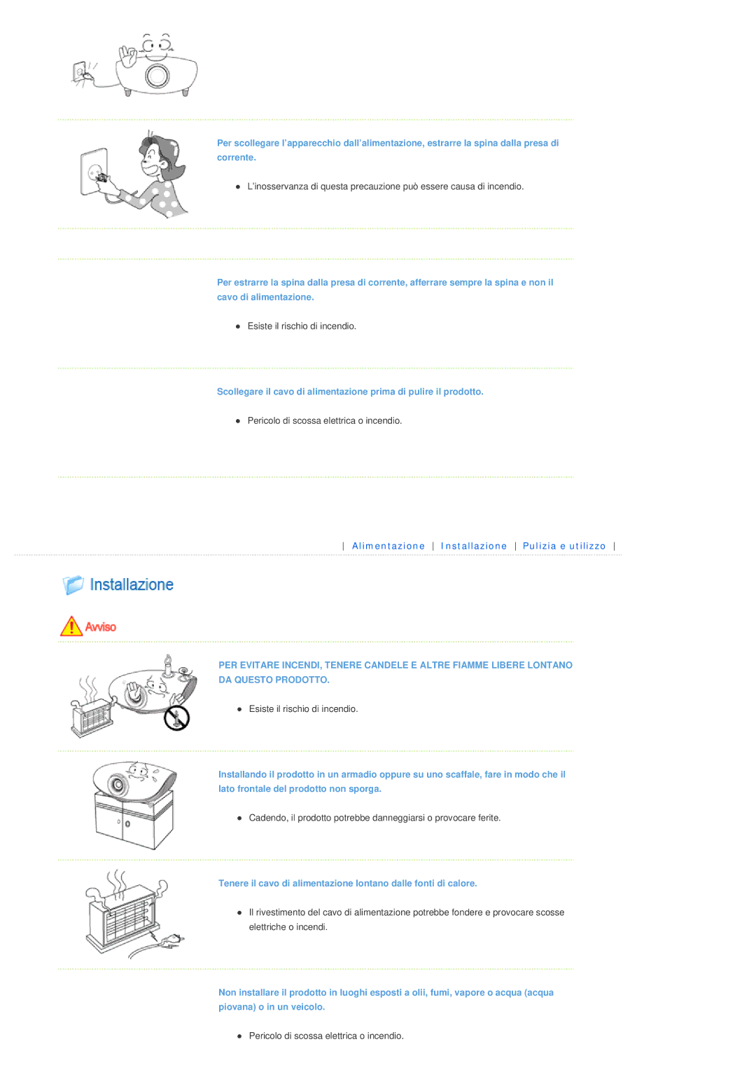 Samsung SPL300WVX/EN, SPL300WX/EN manual Alimentazione Installazione Pulizia e utilizzo 