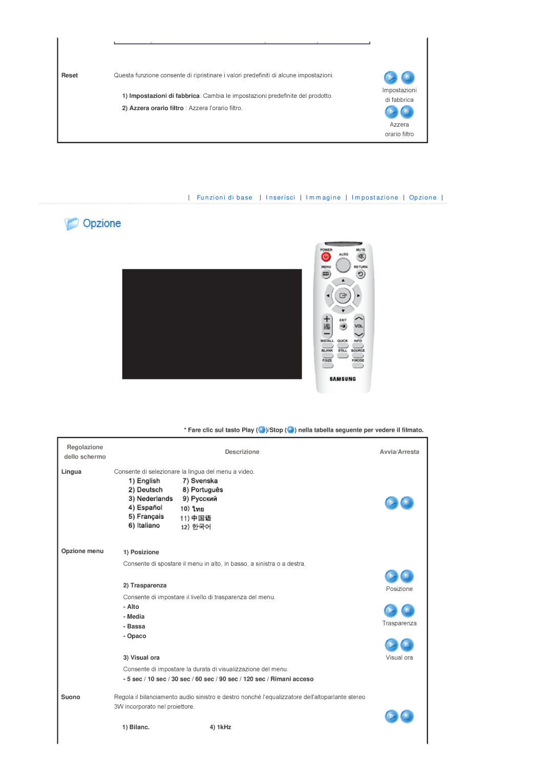 Samsung SPL300WVX/EN Reset, Lingua Opzione menu Suono, Posizione, Trasparenza, Alto Media Bassa Opaco Visual ora, Bilanc 