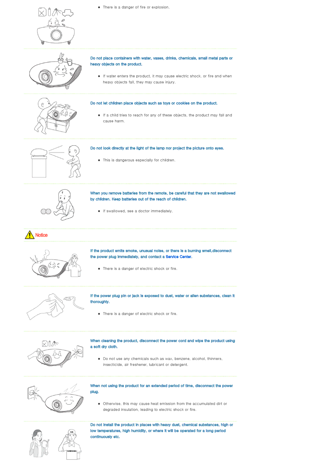 Samsung SPL300WVX/ZN, SPL300WX/EN, SPL300WVX/XT, SPL300WX/XY manual There is a danger of fire or explosion 