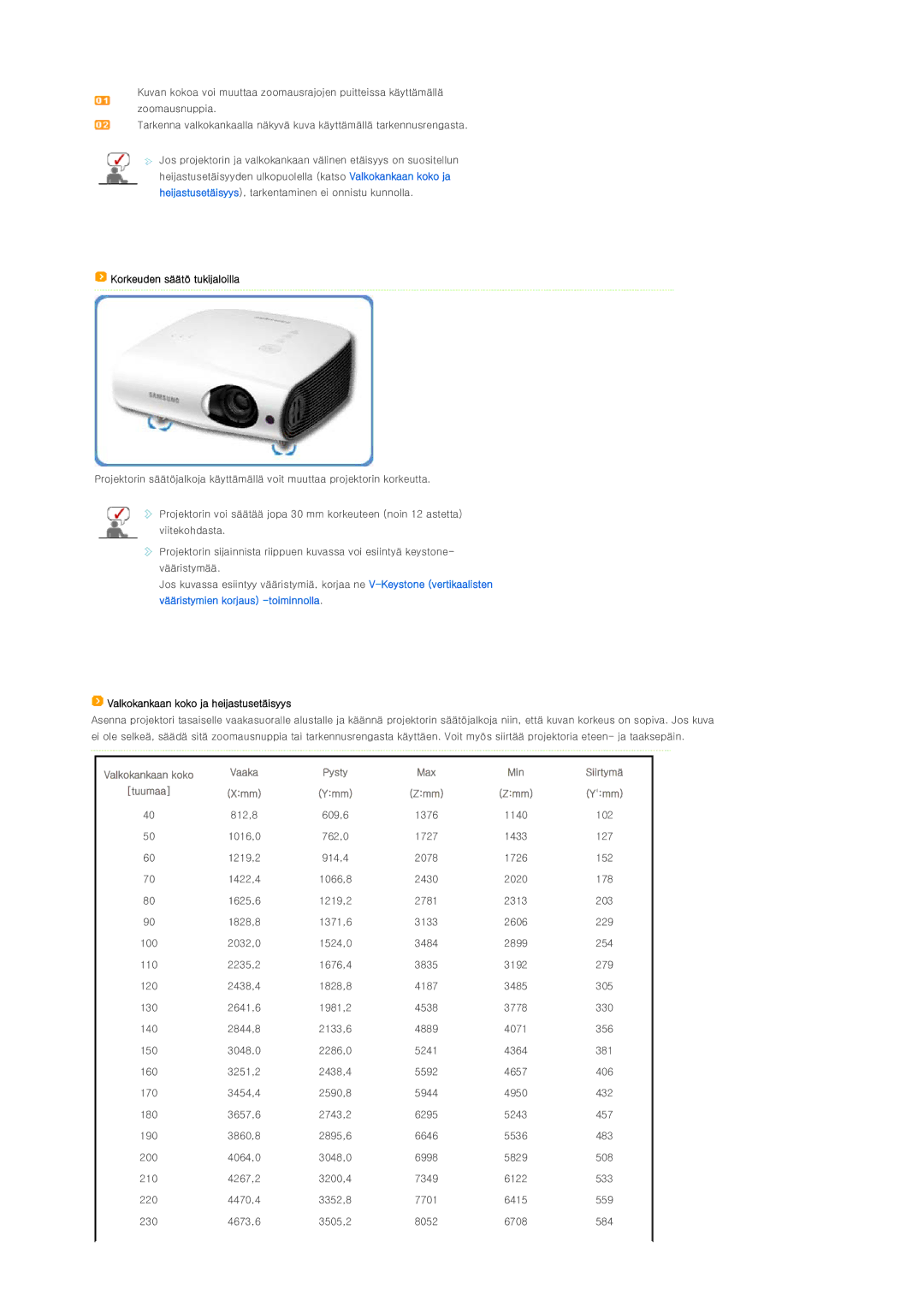 Samsung SPL300WX/EN manual Korkeuden säätö tukijaloilla, Valkokankaan koko ja heijastusetäisyys 