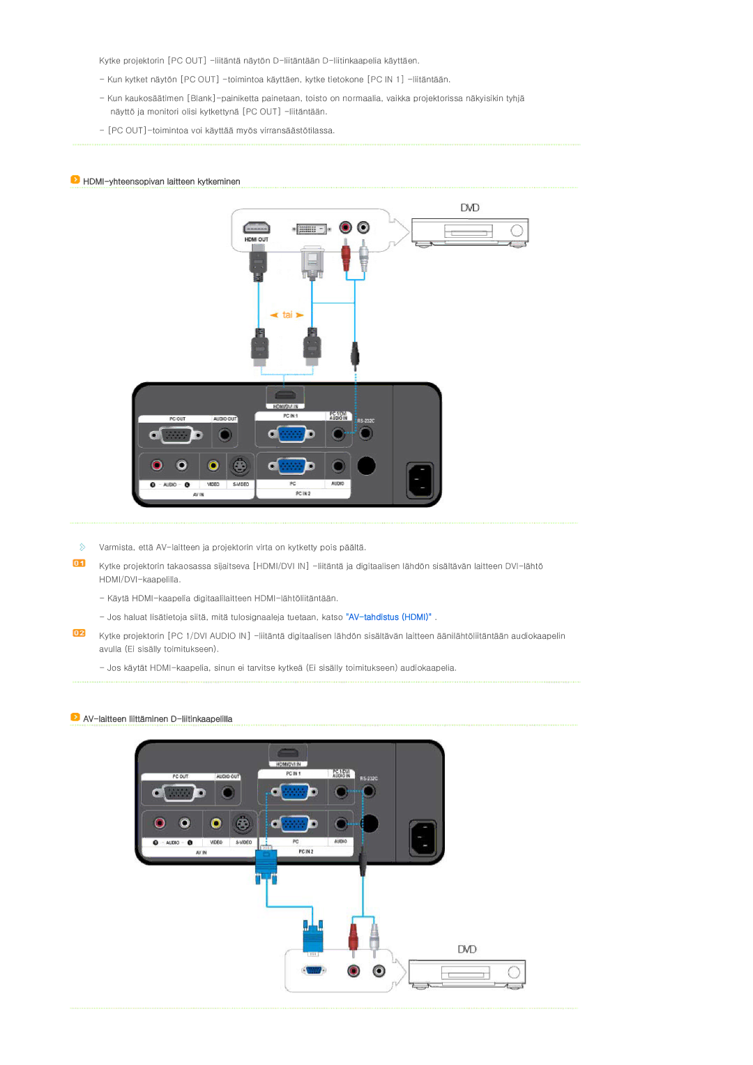 Samsung SPL300WX/EN manual HDMI-yhteensopivan laitteen kytkeminen, AV-laitteen liittäminen D-liitinkaapelilla 