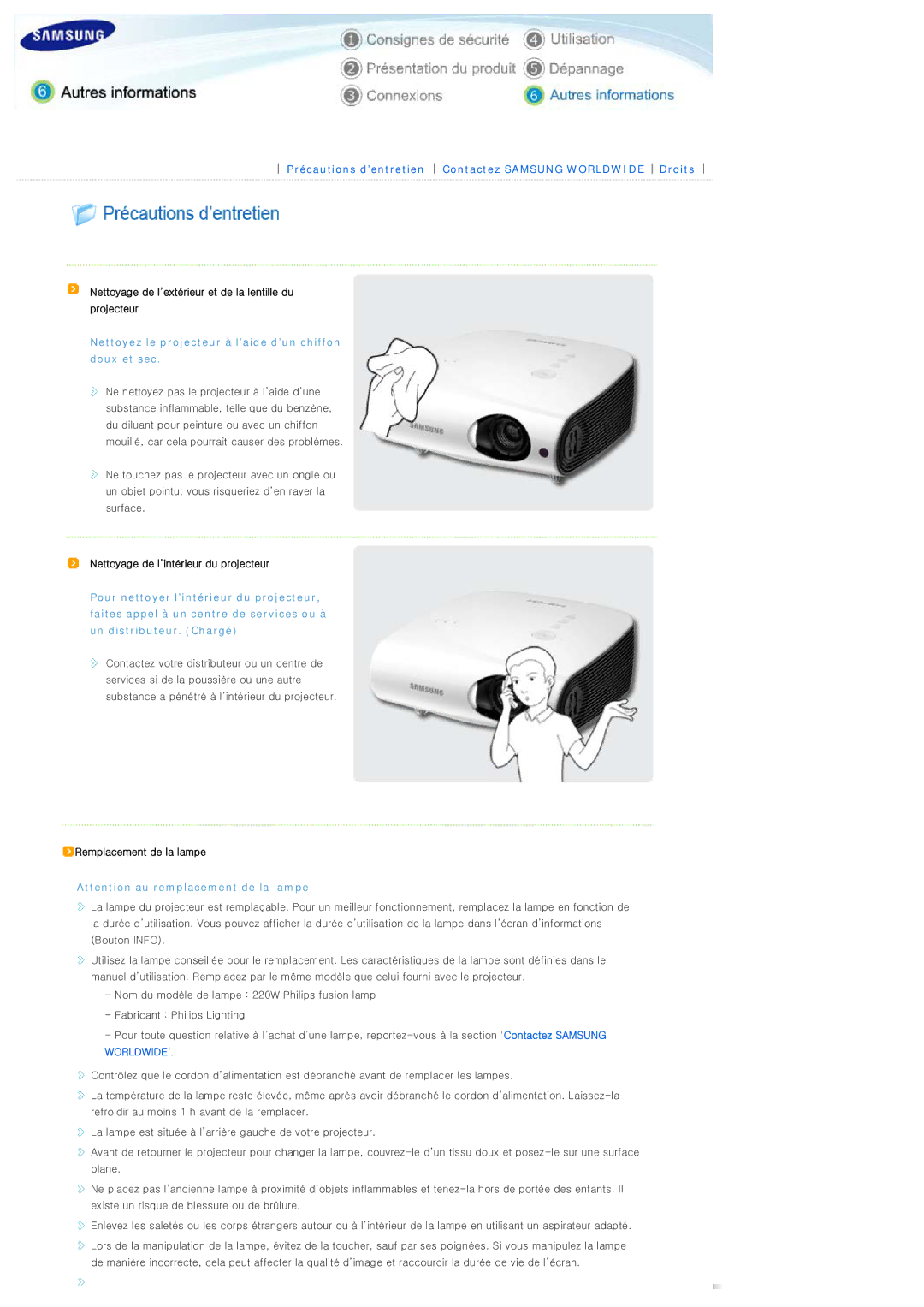 Samsung SPL300WX/EN manual Nettoyage de l’extérieur et de la lentille du projecteur, Nettoyage de l’intérieur du projecteur 