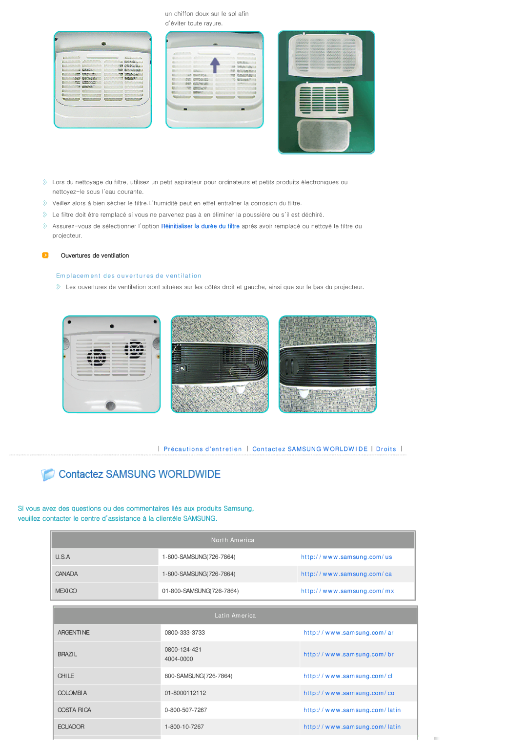 Samsung SPL300WX/EN manual Ouvertures de ventilation, Emplacement des ouvertures de ventilation 