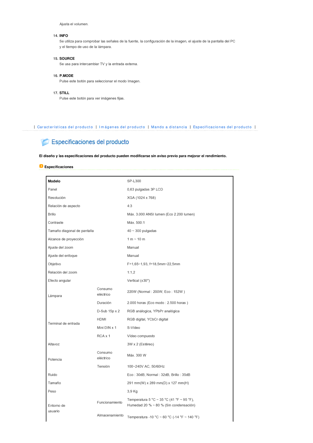 Samsung SPL300WX/EN manual Info, Modelo 