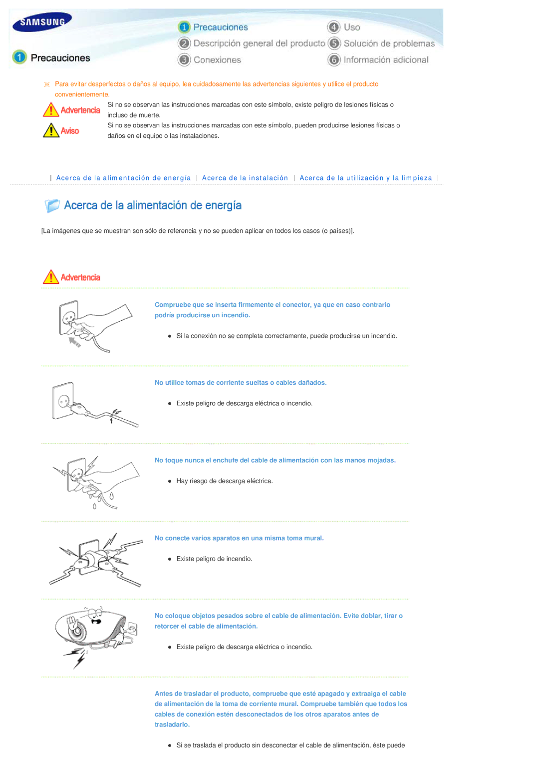 Samsung SPL300WX/EN manual No utilice tomas de corriente sueltas o cables dañados 