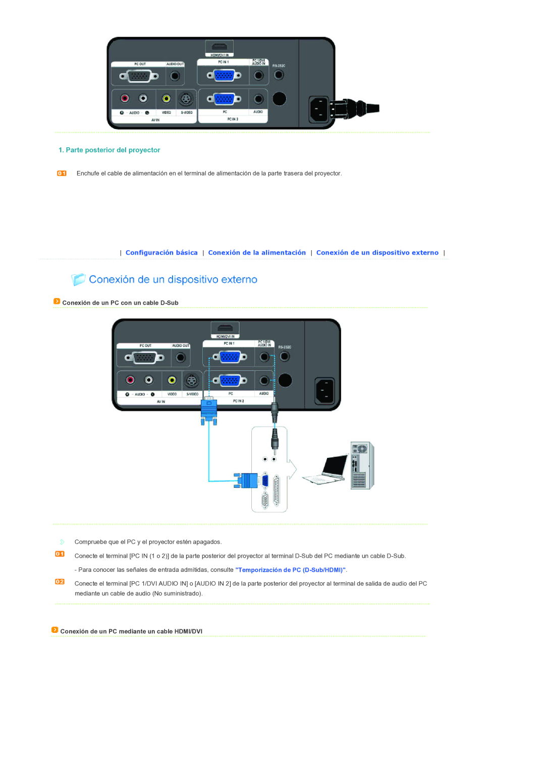 Samsung SPL300WX/EN manual Conexión de un PC con un cable D-Sub, Conexión de un PC mediante un cable HDMI/DVI 