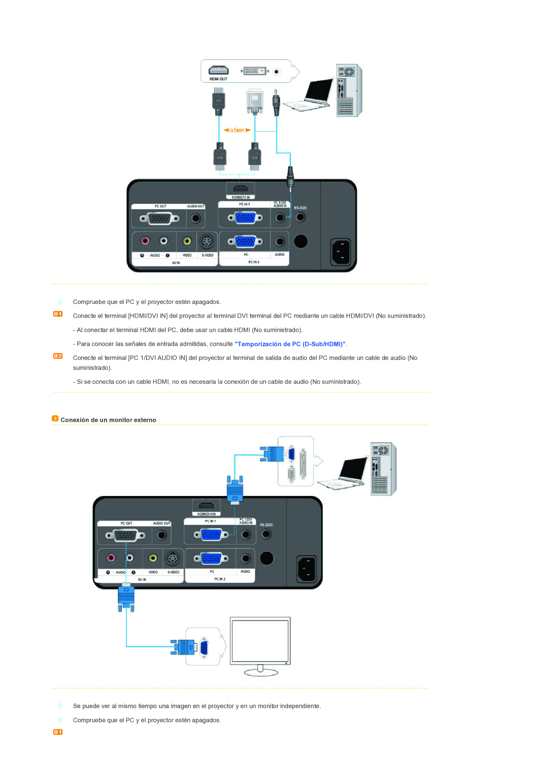 Samsung SPL300WX/EN manual Conexión de un monitor externo 