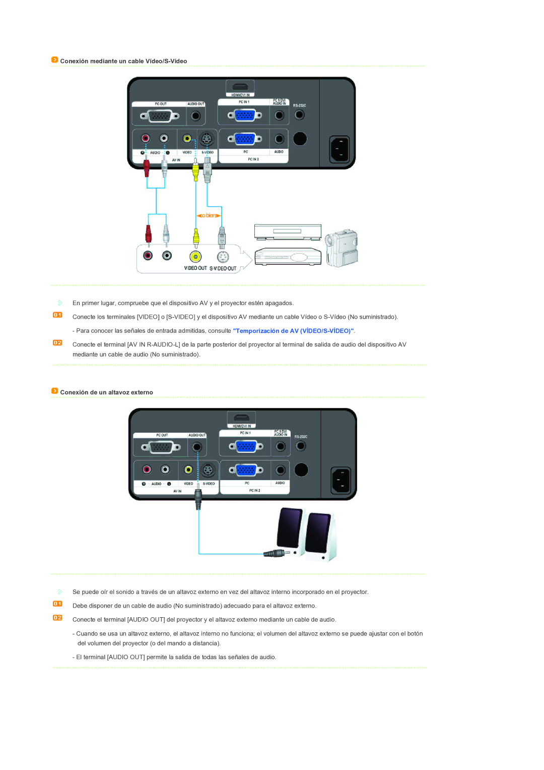 Samsung SPL300WX/EN manual Conexión mediante un cable Vídeo/S-Vídeo, Conexión de un altavoz externo 