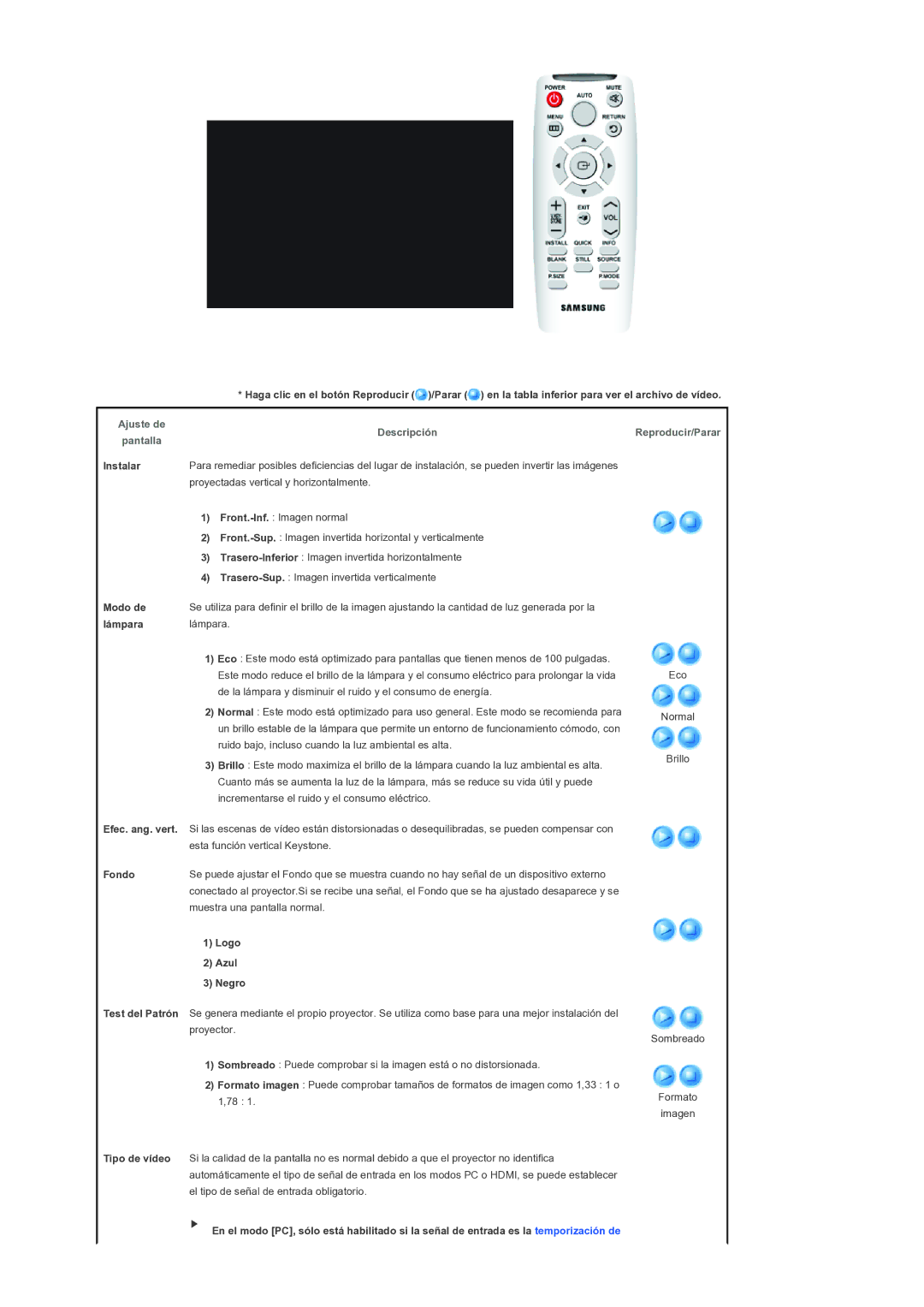 Samsung SPL300WX/EN manual Instalar, Proyectadas vertical y horizontalmente, Front.-Inf. Imagen normal, Fondo, Logo, Negro 