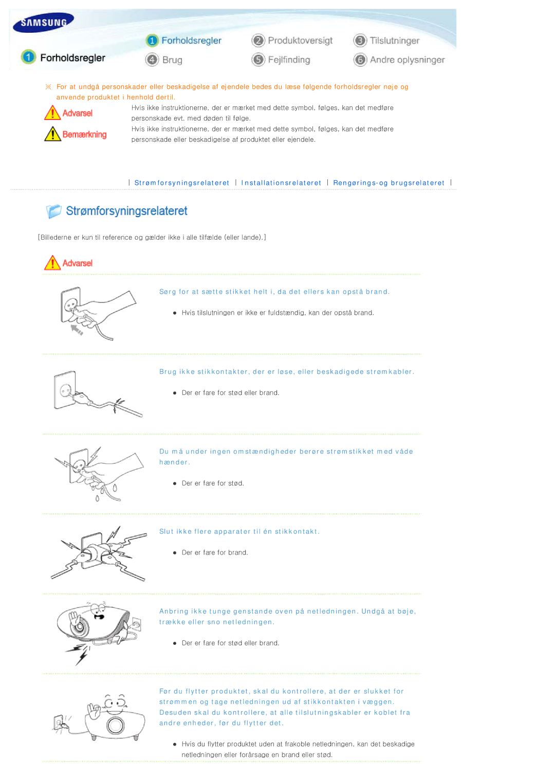 Samsung SPL300WX/EN manual Slut ikke flere apparater til én stikkontakt 