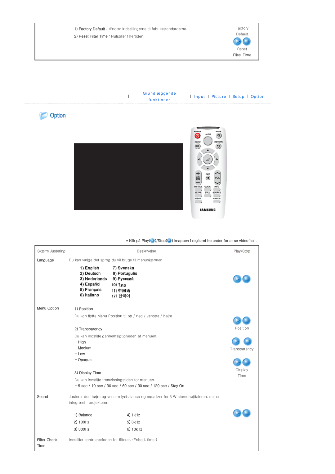 Samsung SPL300WX/EN manual Language Menu Option, Position, Transparency, High Medium Low Opaque, Display Time 