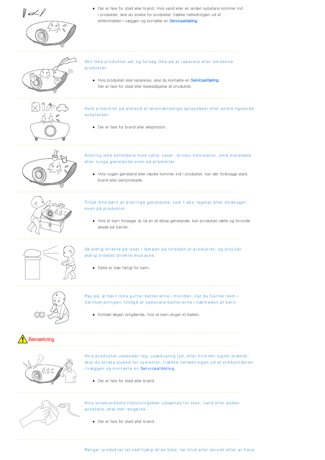 Samsung SPL300WX/EN manual Der er fare for brand eller eksplosion 