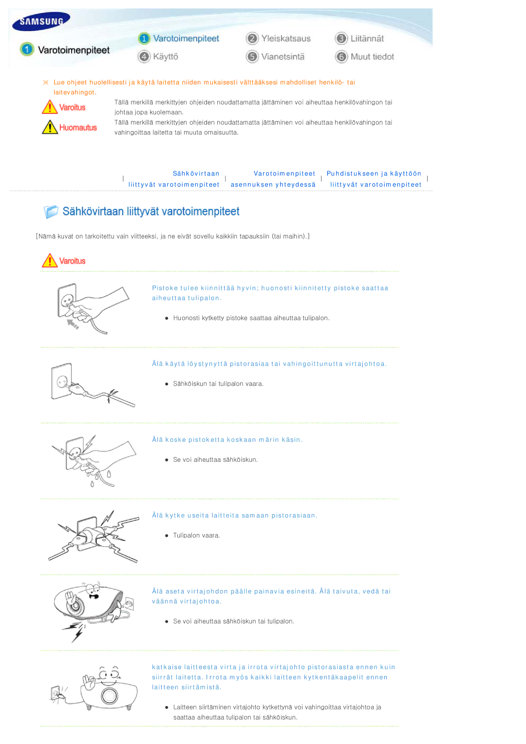 Samsung SPL300WX/EN manual Älä koske pistoketta koskaan märin käsin 