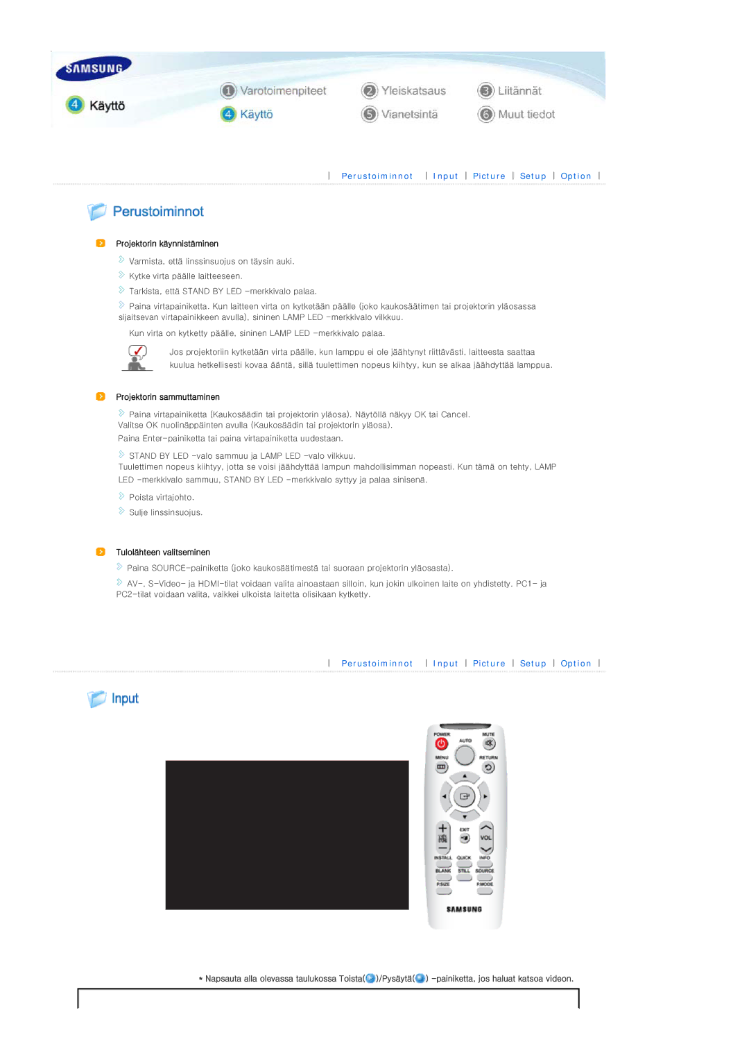 Samsung SPL300WX/EN manual Perustoiminnot Input Picture Setup Option 