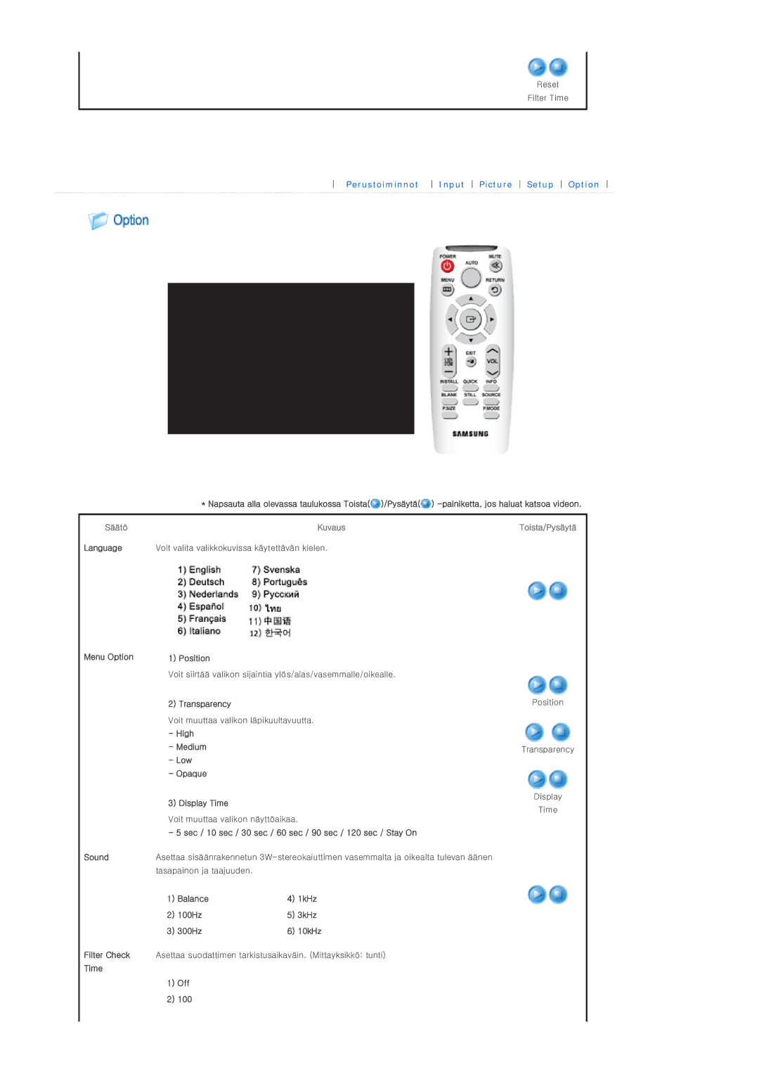 Samsung SPL300WX/EN manual Language Menu Option, Position, Transparency, High Medium Low Opaque, Display Time, Time Off 100 