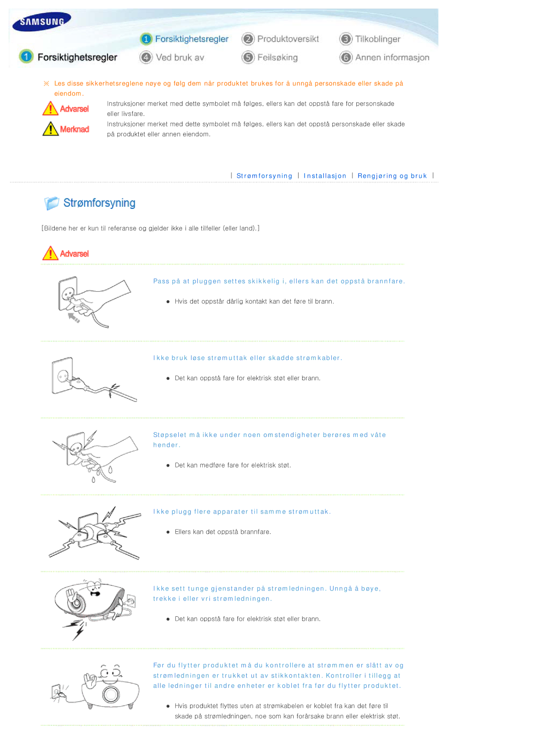 Samsung SPL300WX/EN manual Ikke bruk løse strømuttak eller skadde strømkabler 