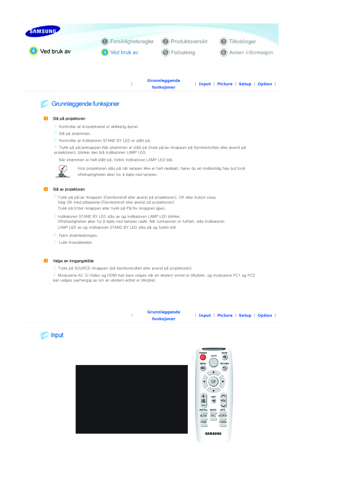 Samsung SPL300WX/EN manual Grunnleggende Input Picture Setup Option Funksjoner 