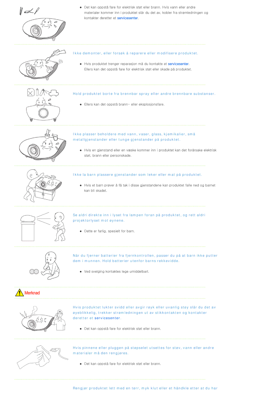 Samsung SPL300WX/EN manual Ellers kan det oppstå brann- eller eksplosjonsfare 