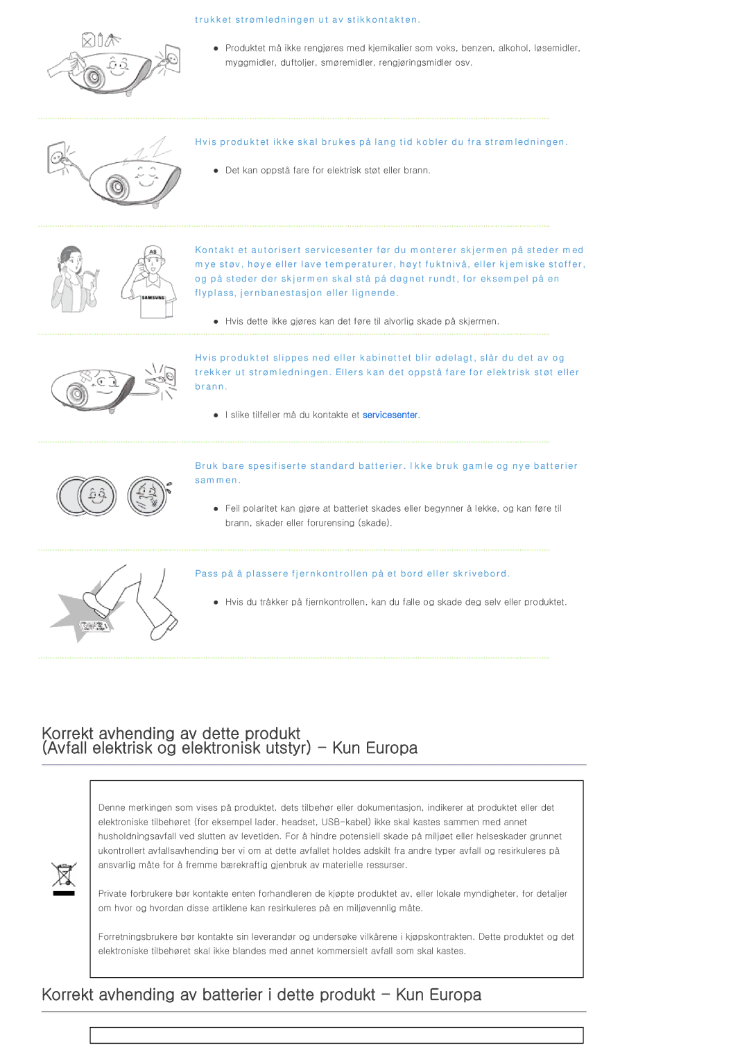 Samsung SPL300WX/EN manual Korrekt avhending av batterier i dette produkt Kun Europa 