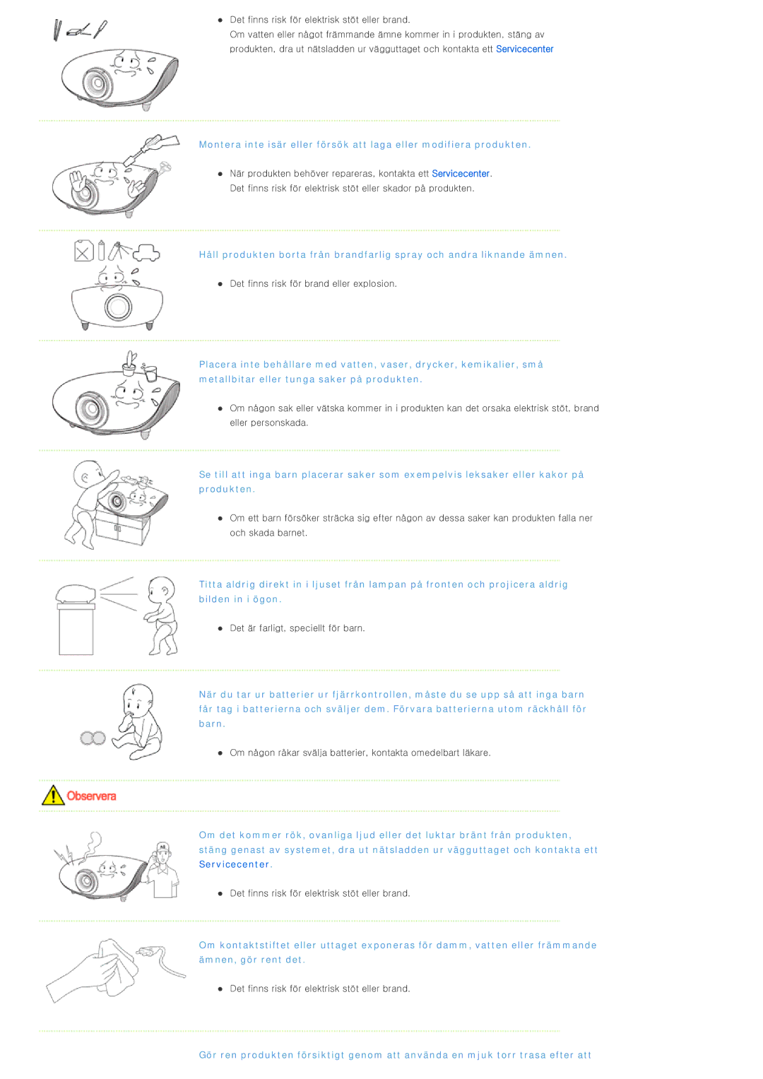 Samsung SPL300WX/EN manual Det finns risk för brand eller explosion 