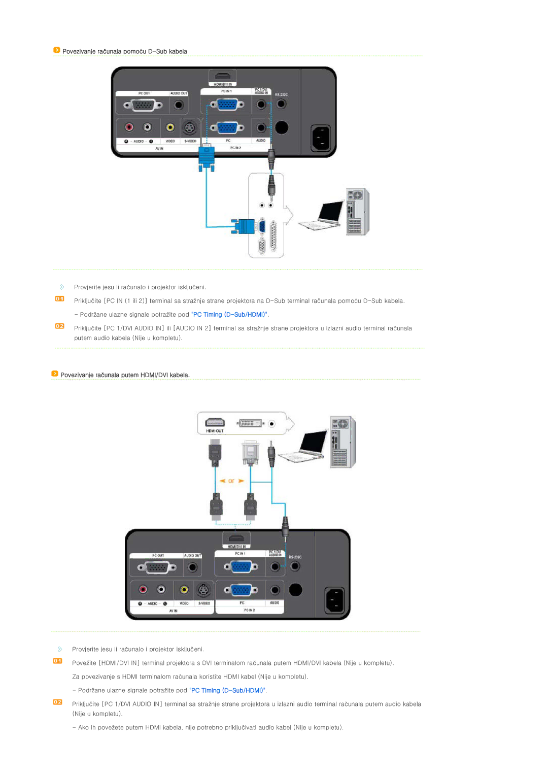 Samsung SPL300WX/EN manual Povezivanje računala pomoću D-Sub kabela, Povezivanje računala putem HDMI/DVI kabela 