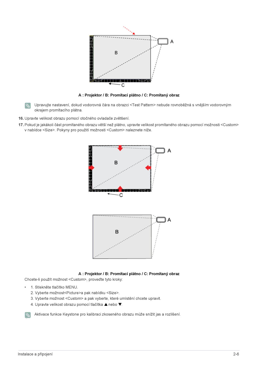 Samsung SPL301WEX/EN manual Projektor / B Promítací plátno / C Promítaný obraz 